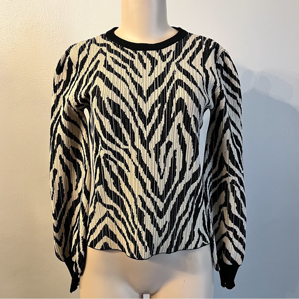 Anthropologie Current Air Zebra Stripe Balloon Sleeve Sweater Black Taupe Sz XS